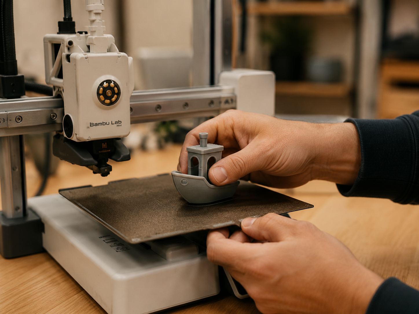 Close up of hands removing a finished print